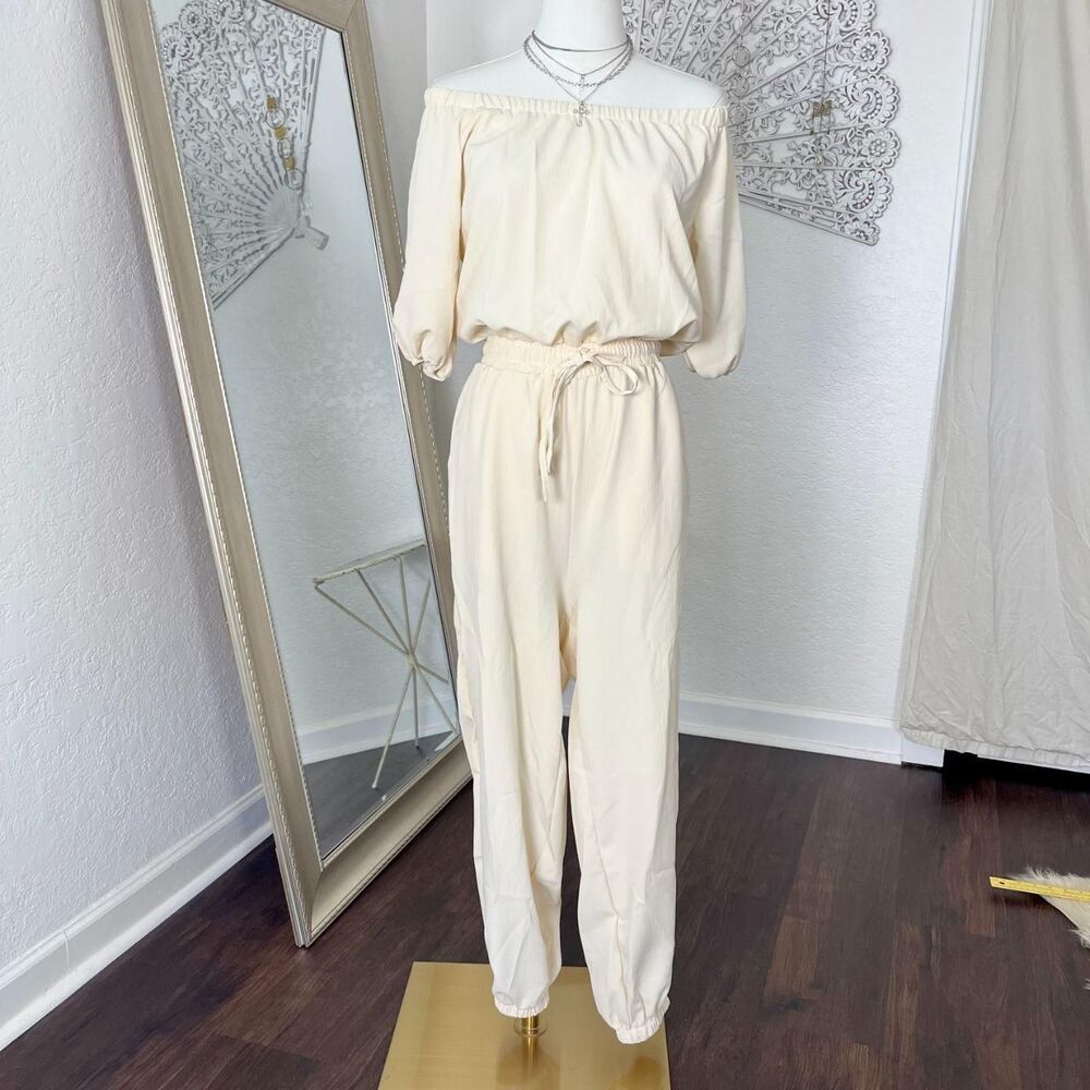 Off Shoulder 3/4 Sleeve Drawstring Waist Jogger Jumpsuit S